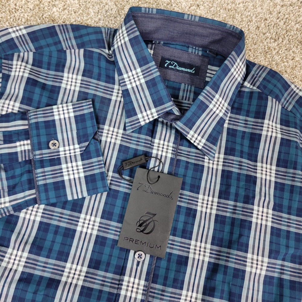 NWT 7 Diamonds Mens Large Blue Plaid Button Up Long Sleeve